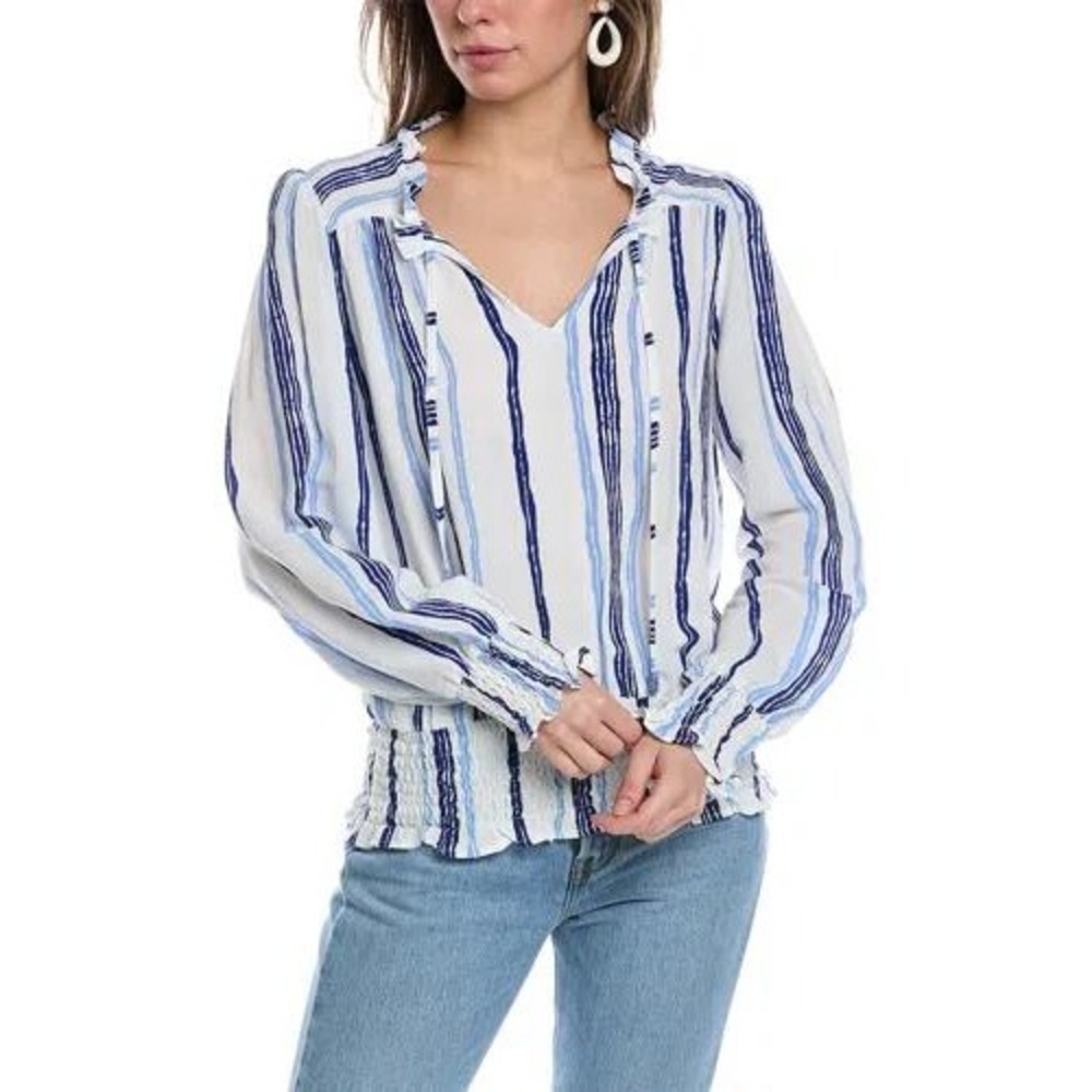 Walker & Wade Milano Top Blue White Striped Smocked Blouse Ruffle V-Neck- S